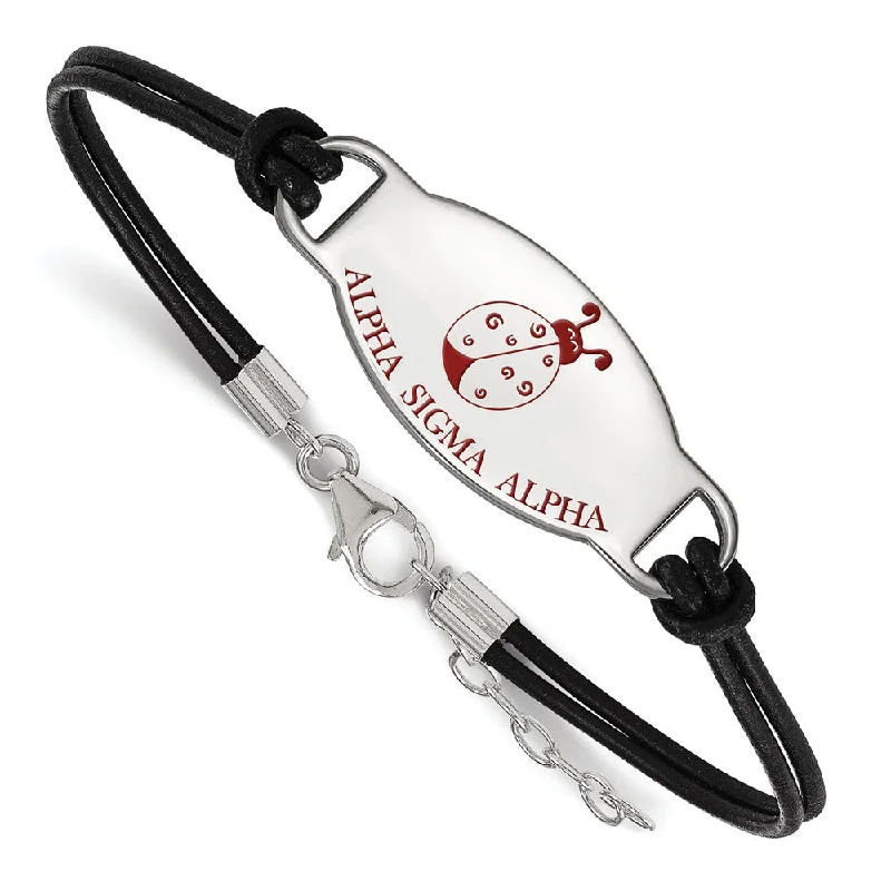 Sterling Silver Alpha Sigma Alpha Enamel Blk Leather Bracelet - 7 in.