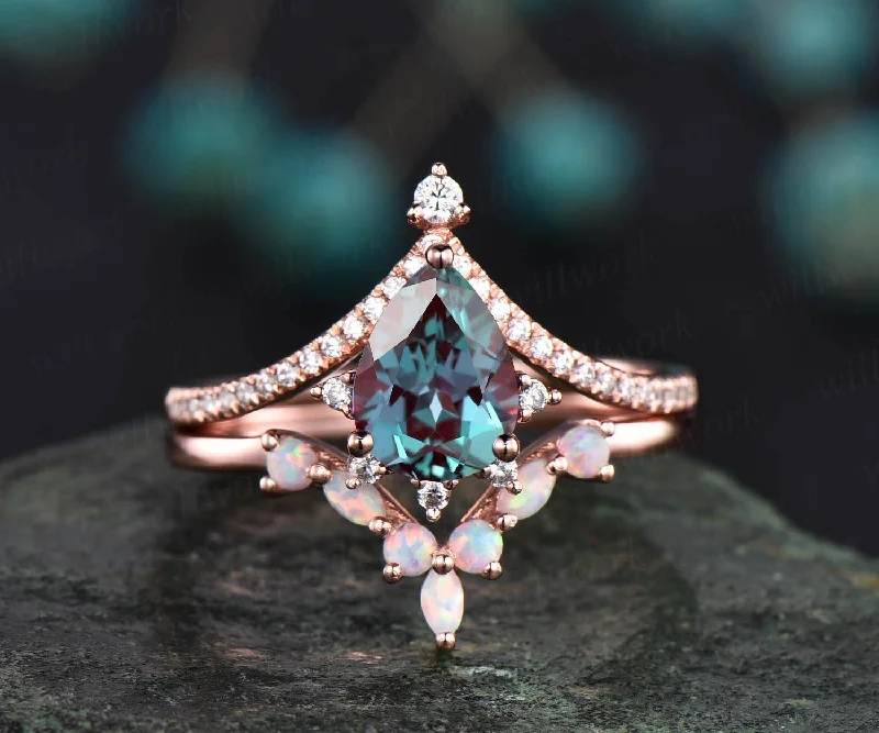 Vintage moissanite ring opal ring gold 2pcs teardrop Alexandrite engagement ring set 14k 18k rose gold birthstone custom unique jewelry gift