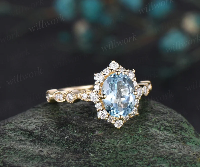 Oval cut aquamarine engagement ring 14k yellow gold Milgrain half eternity snowdrift halo diamond wedding promise ring women jewelry