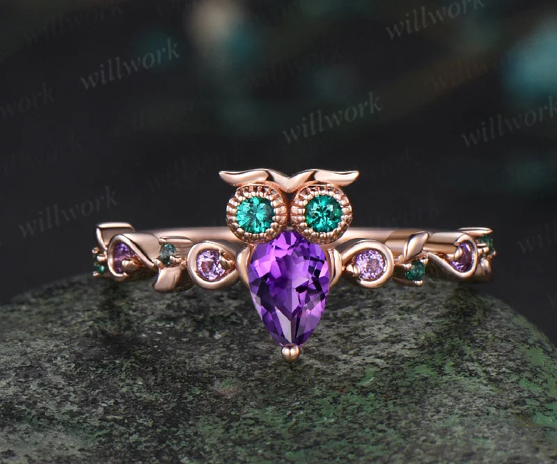 Vintage pear cut amethyst Engagement Ring rose gold Owl emerald ring women Crystal unique wedding anniversary ring gift