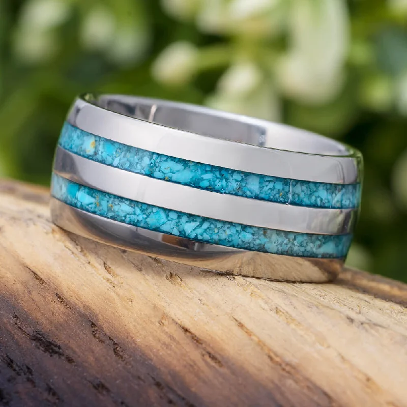 Wide Wedding Band with Two Turquoise Inlays