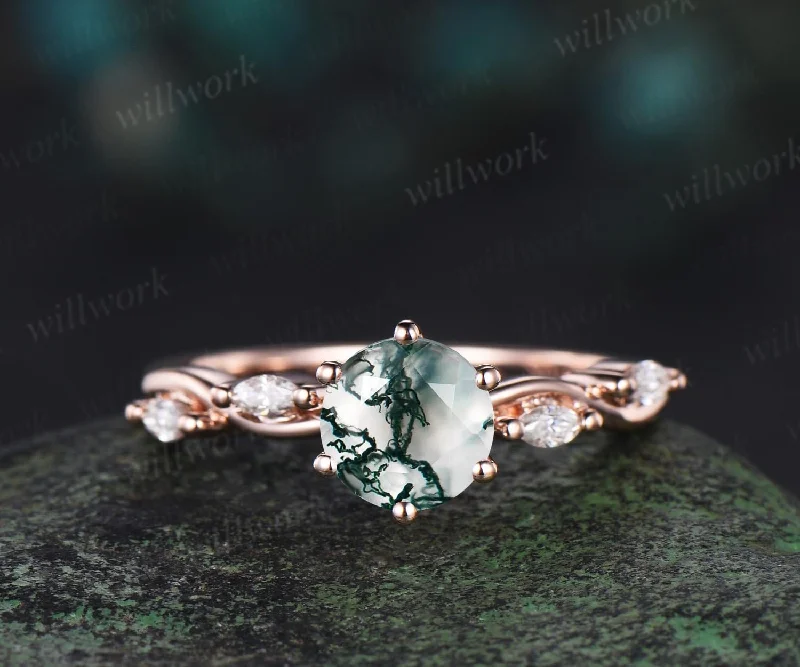 1ct round cut green moss agate ring rose gold five stone unique engagement ring women twisted under halo diamond wedding anniversary gift