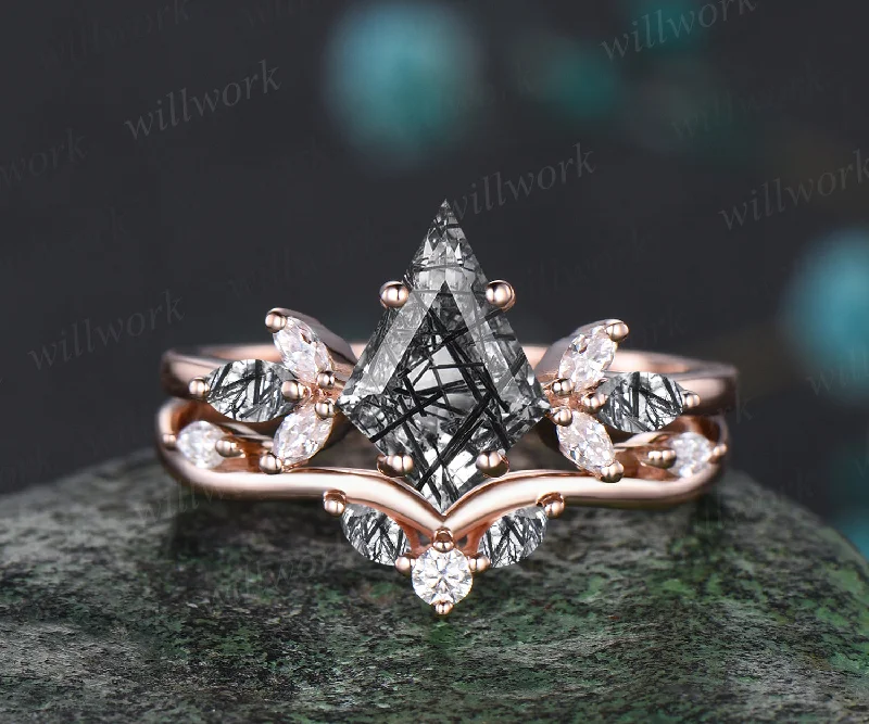 Unique Kite Cut Natural Black Rutilated Quartz Engagement Ring Set Art Deco 14k Rose Gold Moissanite Seven Stone Ring 2pcs Bridal Ring Set Women