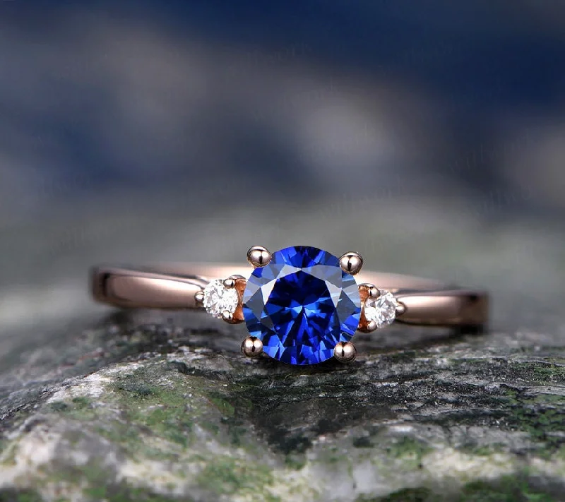 Three stone sapphire engagement ring rose gold sapphire ring vintage gold diamond ring Septnmber birthstone wedding bridal promise ring gift