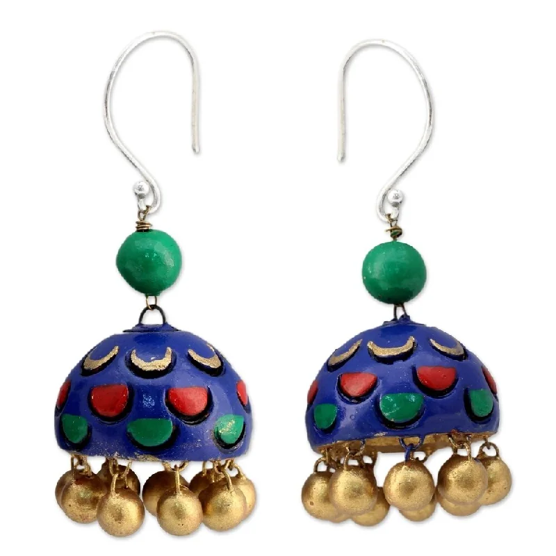 Handmade Sterling Silver Ceramic Royal Blue Regalia Earrings (India) - Multi - 2.2L*0.9W