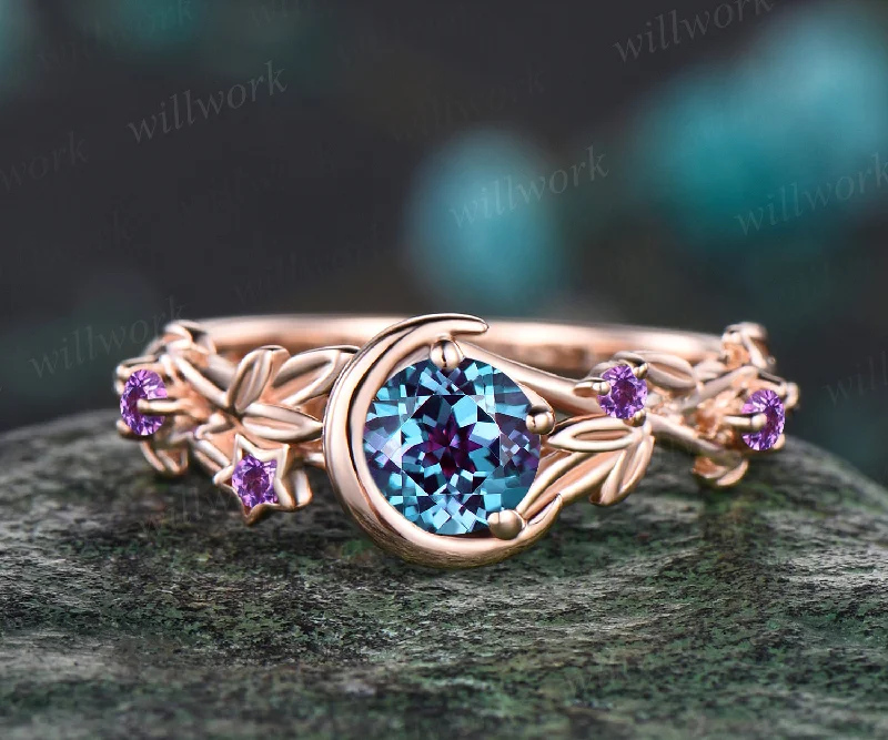 Round Cut Alexandrite June Birthstone Engagement Ring Unique Amethyst Moon Star Wedding Ring Leaf Vine Twig Branch Nature Inspired Anniversary Ring Jewelry Gift