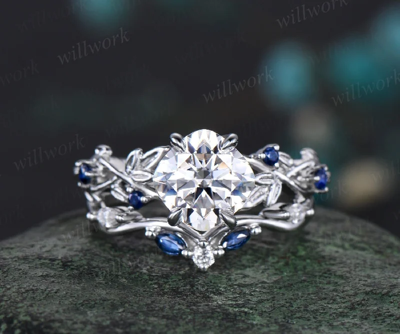 Twig cushion cut moissanite engagement ring set white gold five stone leaf branch Nature inspired ring sapphire wedding ring set women gift