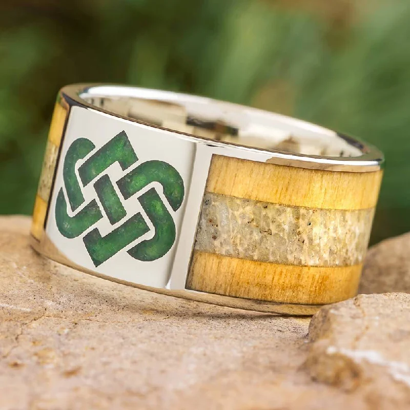 White Gold Celtic Knot Ring with Antler and Crushed Birthstones