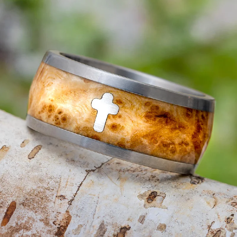 Faith Jewelry, Sterling Silver Cross Ring with Black Ash Burl-2024