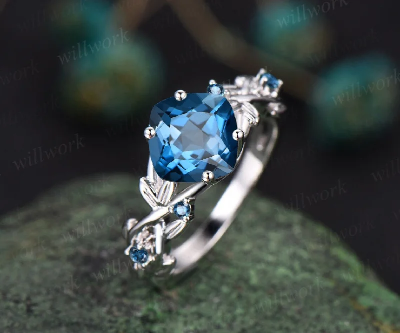 Twig cushion cut London blue topaz engagement ring 14k white gold leaf topaz ring December birthstone ring anniversary ring for women gift