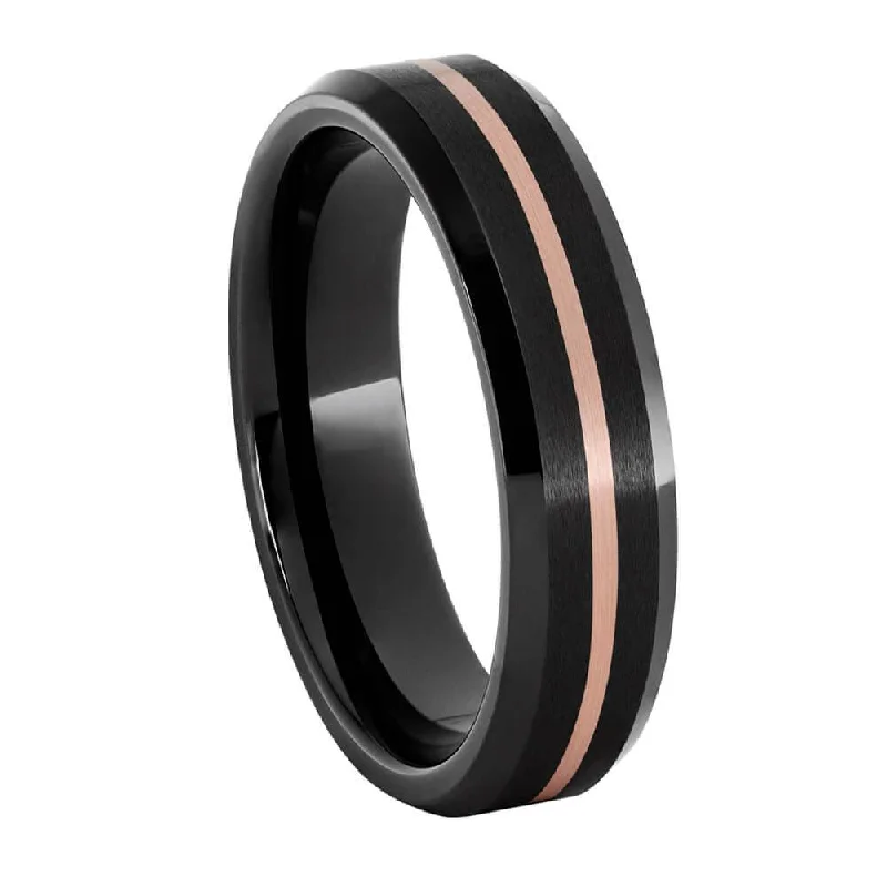 Centered Rose Gold Pinstripe in Black Ceramic Ring