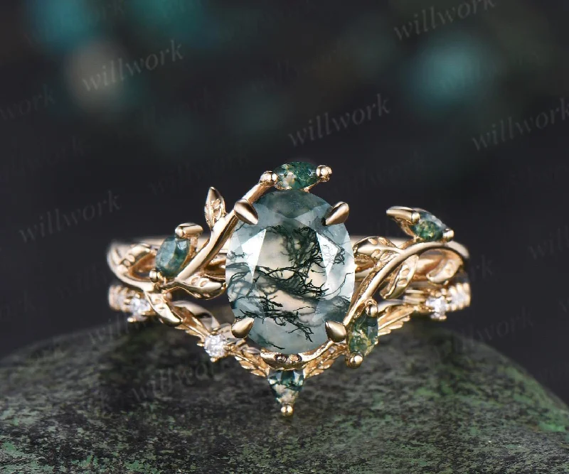 2ct oval cut moss agate engagement ring set 14k yellow gold 7x9mm antique bridal set twisted leaf promise ring set