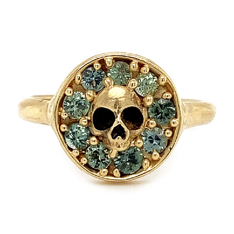 Ceylon Sapphire & Yellow Gold Skull Ring - "Green Mist"