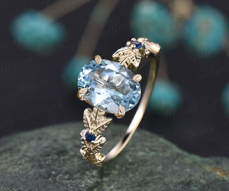 Oval cut Aquamarine ring gold vintage unique engagement ring Nature inspired leaf twig ring sapphire ring women wedding promise ring silver