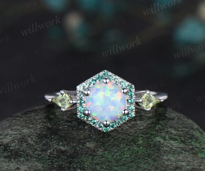 Hexagon Cut white opal Engagement Ring white gold halo emerald ring kite peridot anniversary wedding ring women gift For Her