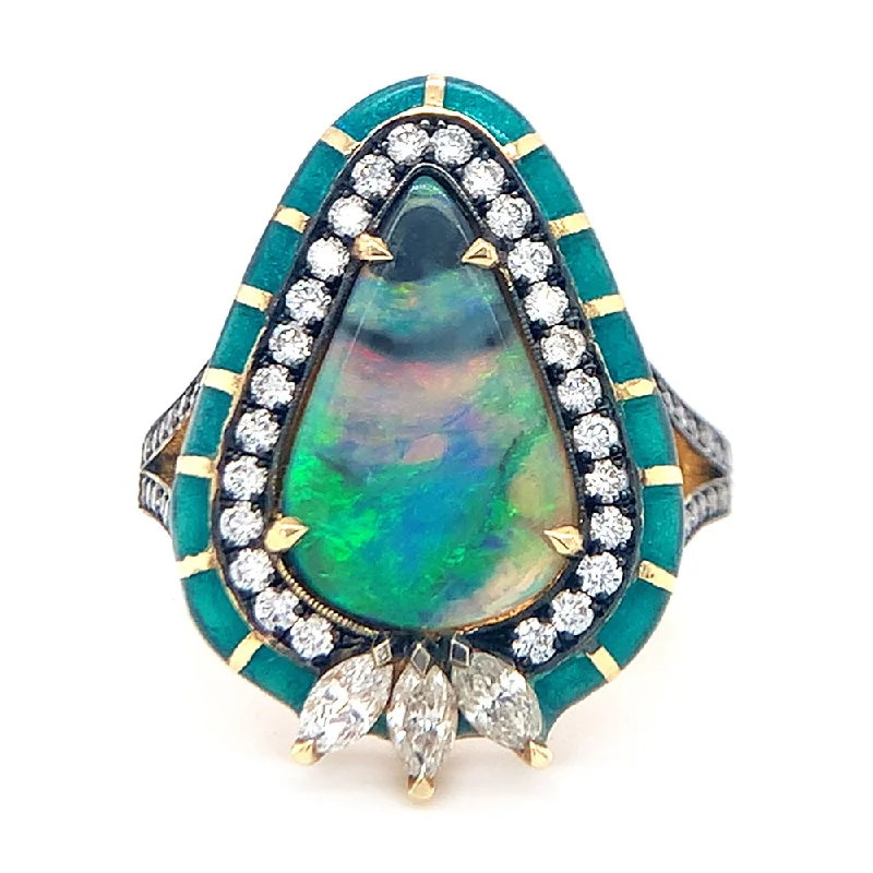 Opal, Diamond, & Enamel Ring - "Glittering Peacock"