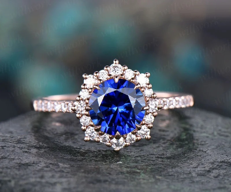 Round halo cluster blue sapphire engagement ring 14k rose gold ring moissanite ring band sapphire ring gold women vintage gold jewelry gift