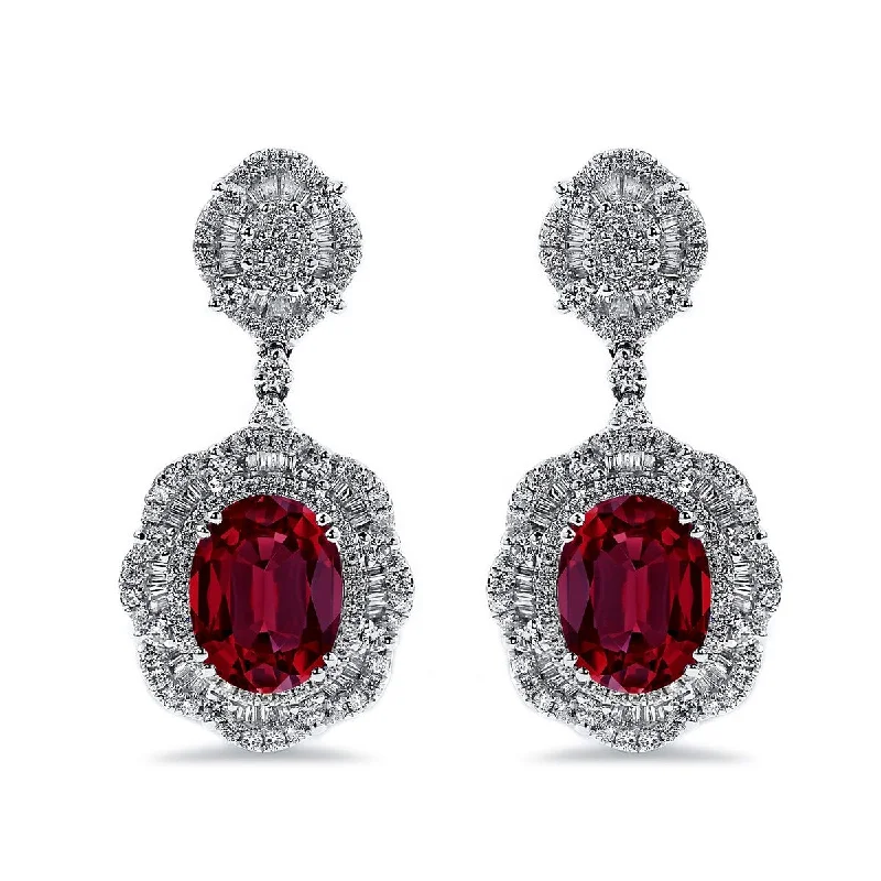 Auriya 5 3/4ct Fancy Oval-cut Red Ruby Halo Diamond Drop Earrings 2 5/8ctw 18k Gold