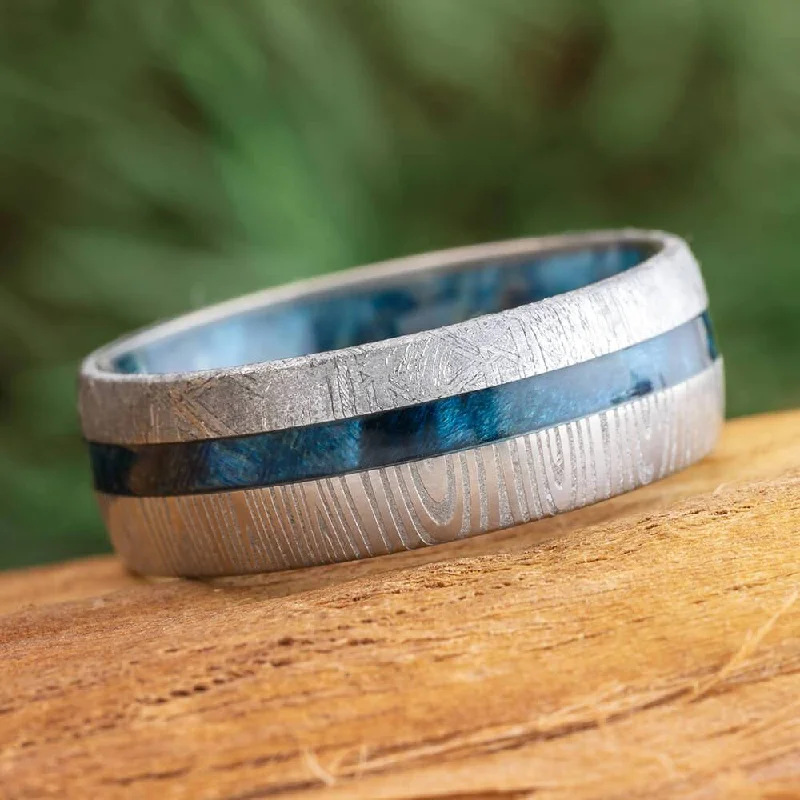 Damascus Wedding Band with Meteorite and Blue Wood