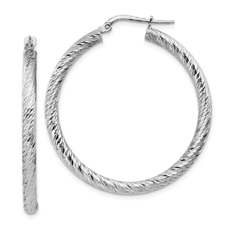 14k 3x30mm White Gold Diamond-cut Round Hoop Earrings (L-39.5 mm, W-37.25 mm)