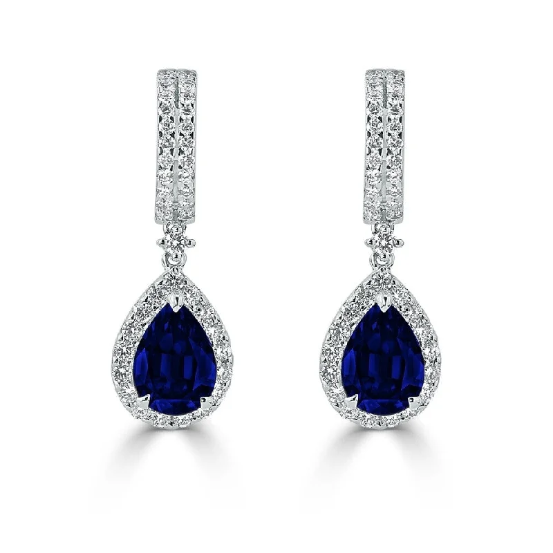 Auriya Fancy Teardrop 3 9/10ct Blue Sapphire and 1 1/8ct TDW Diamond Halo Dangle Earrings 18k Gold