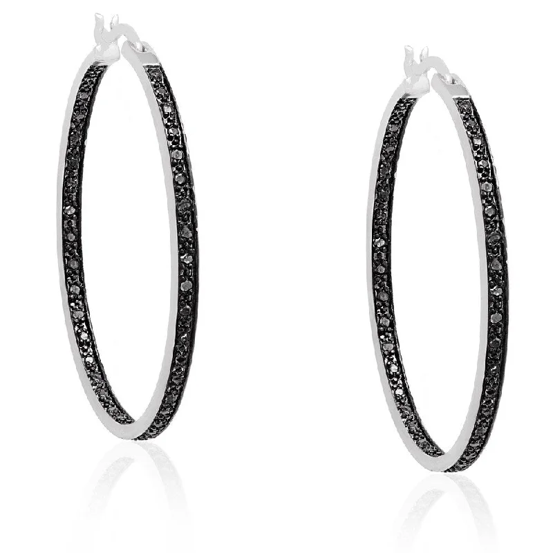 Finesque Silverplated Black Diamond Hoop Earrings