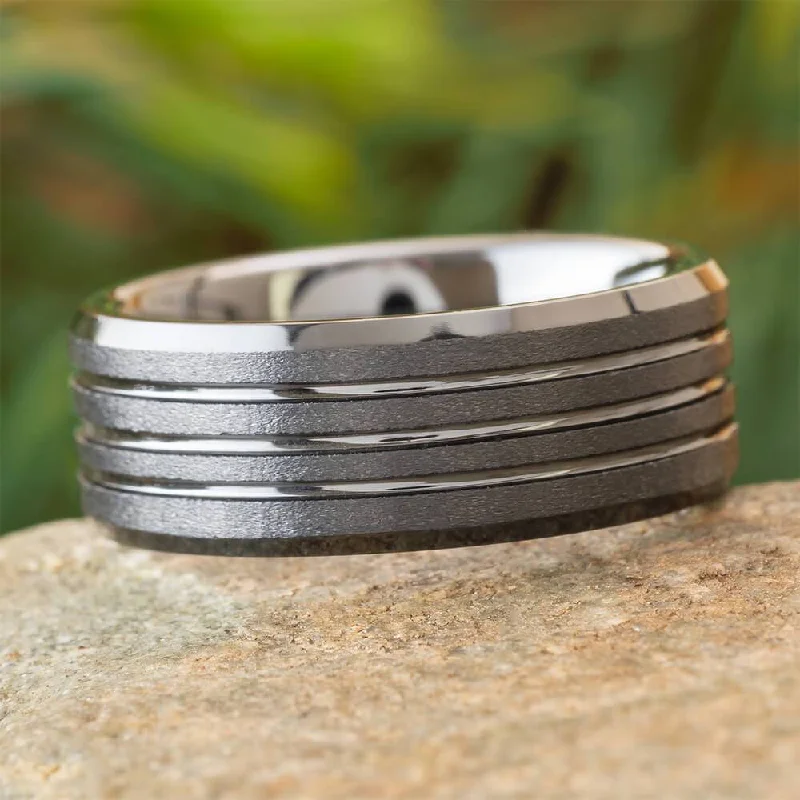 Stone-Finish Black Ceramic Band with Grooves