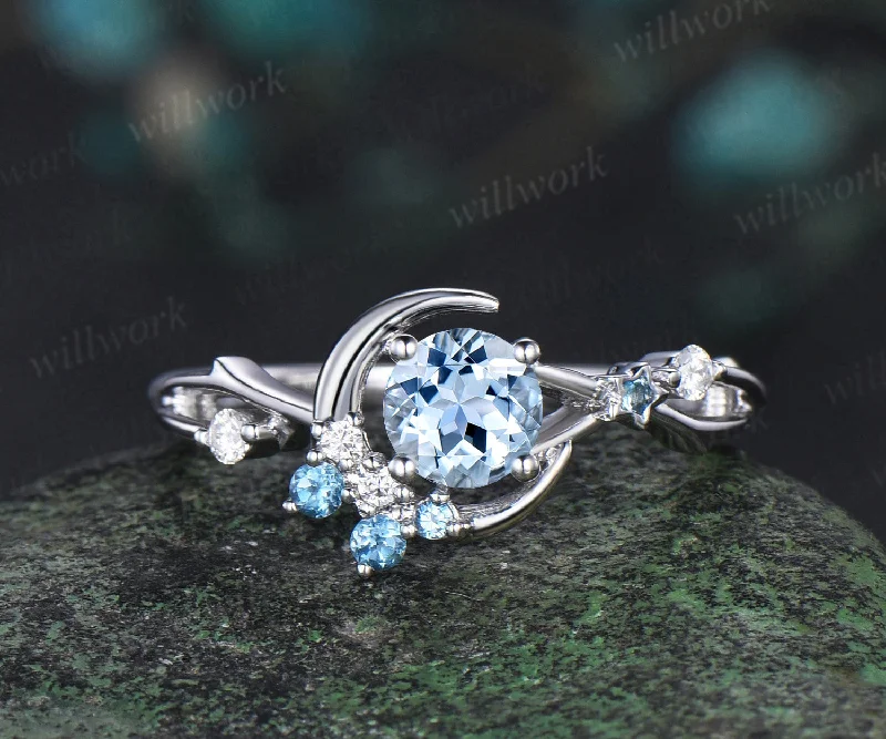 Round cut aquamarine engagement ring white gold moon vine twisted cluster diamond blue topaz wedding ring women