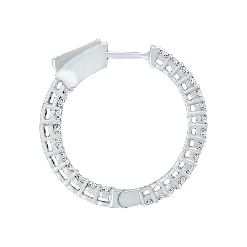 Marquee 1 Carat TW Round Diamond Hoop Earrings with Push Down Button Lock in 14K White Gold