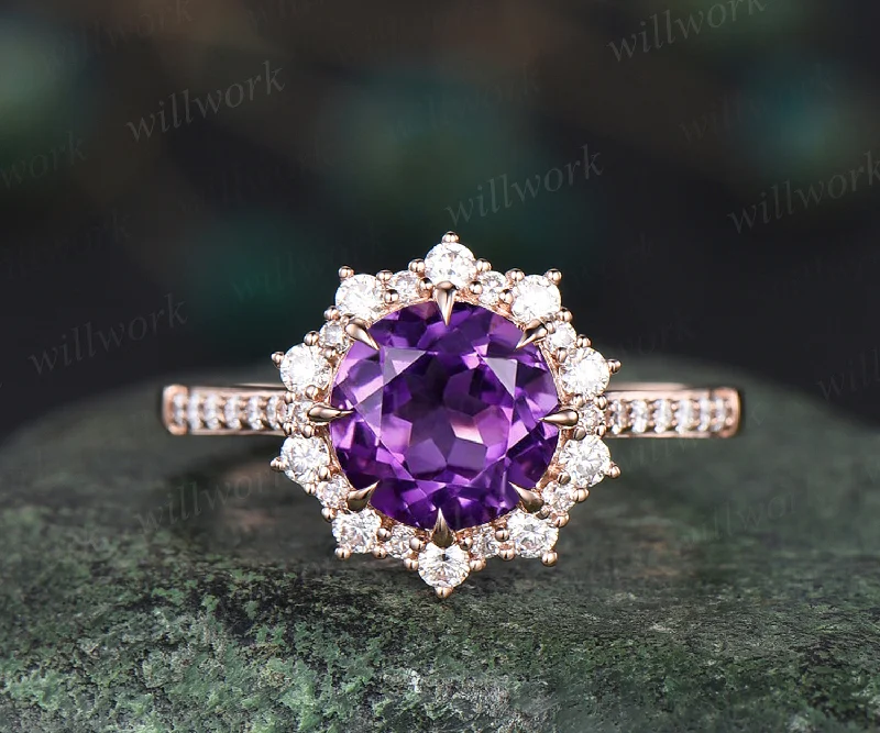 Round amethyst engagement ring moissanites halo amethyst ring vintage half eternity moissanite ring February jewelry wedding bridal ring