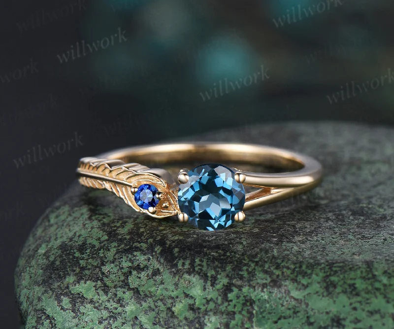 Vintage round cut London blue topaz Engagement Ring solid 14k yellow gold Peacock Feather two stone sapphire anniversary ring women gift