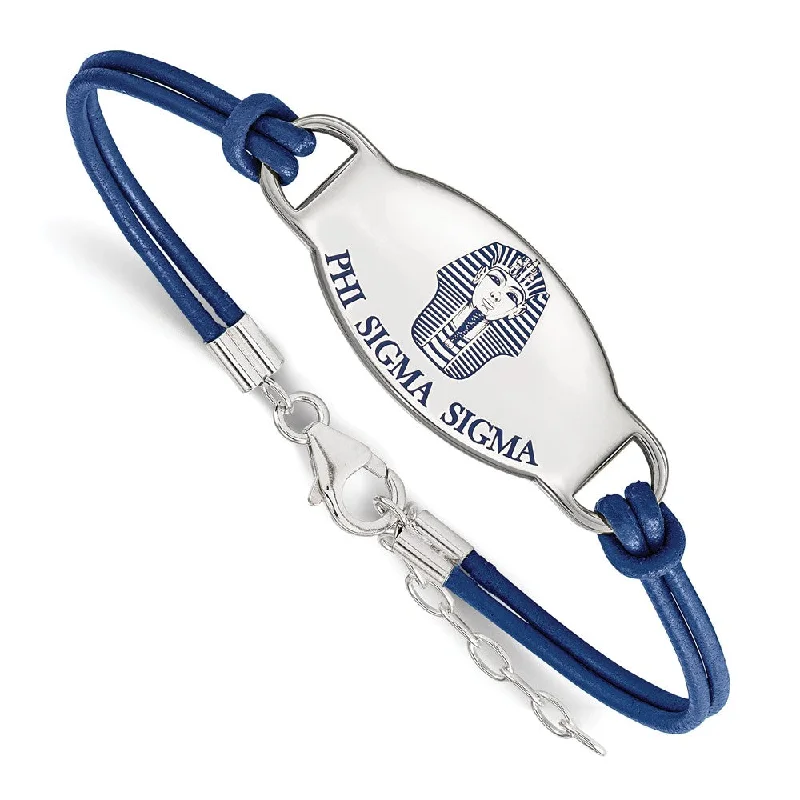 Sterling Silver Phi Sigma Sigma Enamel Blue Leather Bracelet - 7 in.