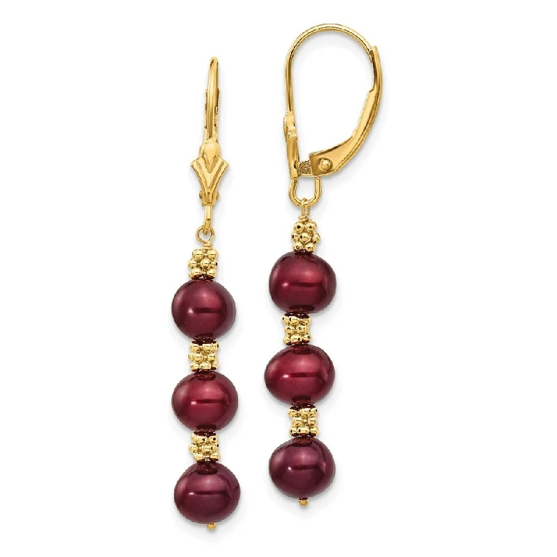 14K Yellow Gold Coffee Brown Pearl & Bead Earrings (L-40 mm, W-5 mm)