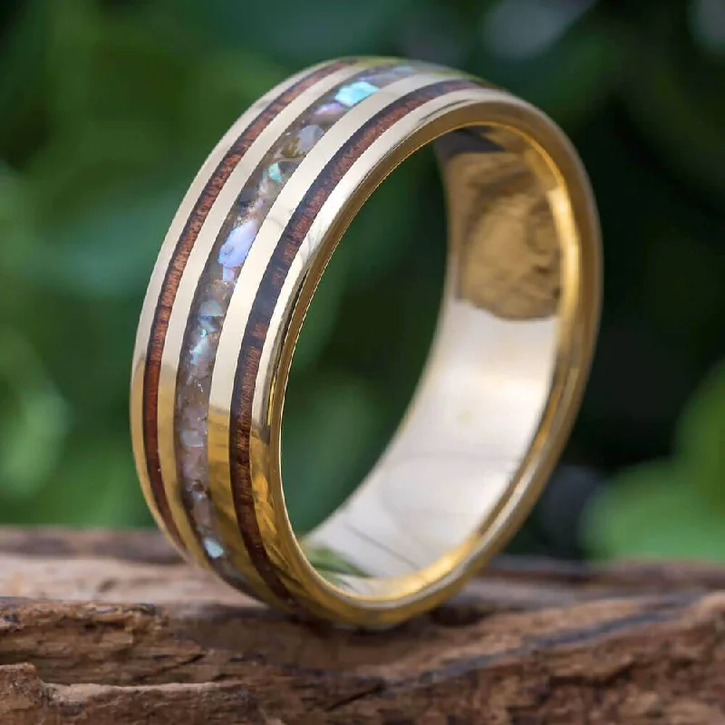 Koa Wood Wedding Band with Abalone in Polished Gold