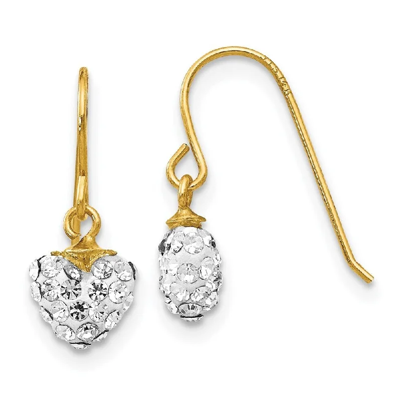 14k Yellow Gold Crystal Heart Dangle Earrings (L-15 mm, W-7 mm)