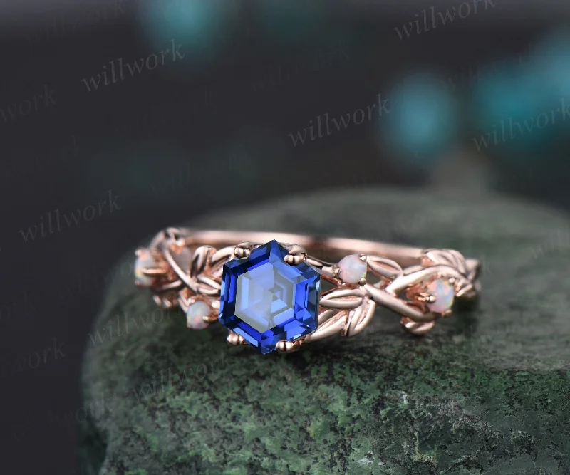 Hexagon cut blue sapphire ring vintage rose gold five stone leaf nature inspired engagement ring twig opal ring women anniversary gift