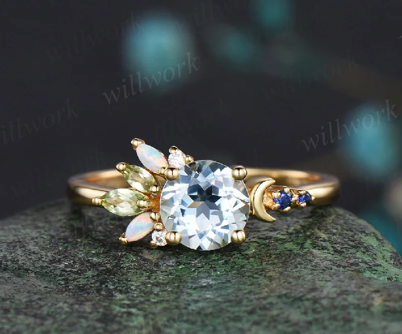 Round cut aquamarine ring yellow gold cluster opal ring women peridot sapphire moon ring dainty engagement ring gift