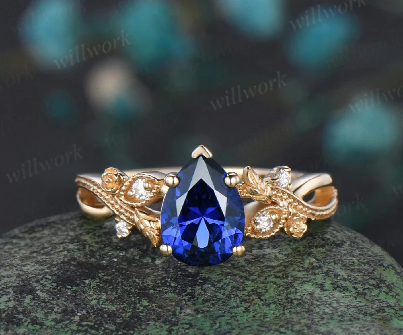 Pear shaped blue sapphire engagement ring yellow gold floral Milgrain twisted leaf diamond wedding anniversary ring women gift