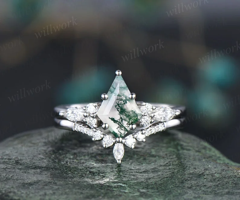 READY TO SHIP: 2PC Kite Cut Moss Agate Engagement Ring Set - Sterling Silver - Ring Size: 11 US