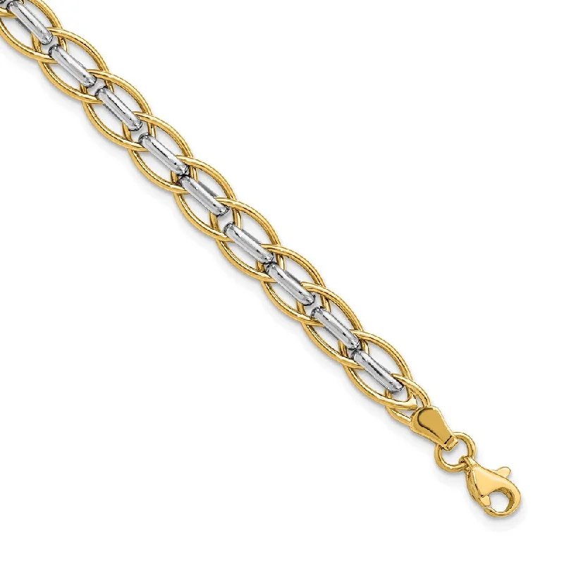 14k Yellow and White Gold 6mm Two Tone Link Chain Bracelet, 7.25 Inch