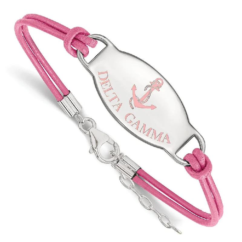 Sterling Silver Delta Gamma Enamel Pink Leather Bracelet - 7 in.