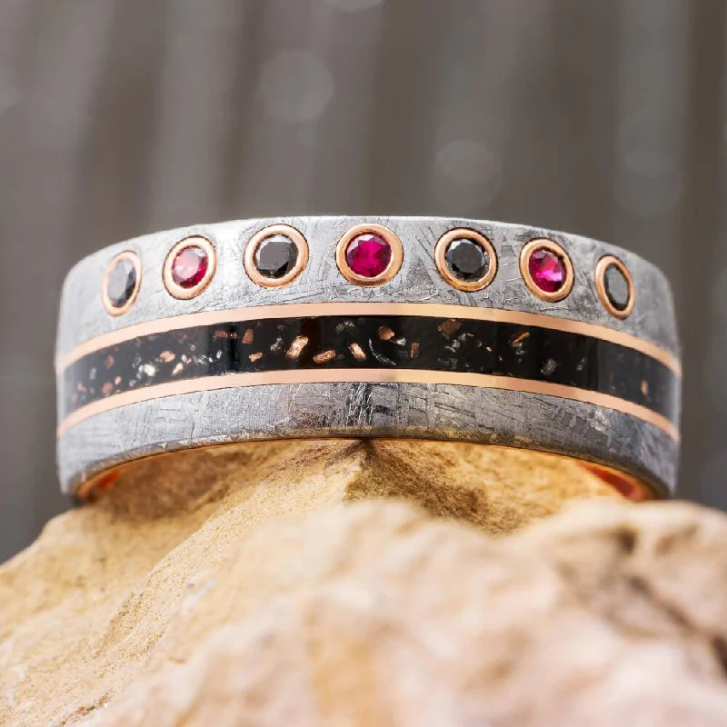 Meteorite Wedding Band With Stardust and Gemstones