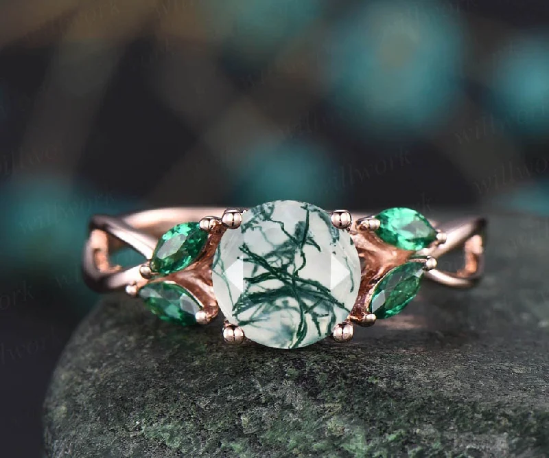 Round shaped moss agate engagement ring vintage moss agate ring art deco emerald ring for women marquise ring emerald jewelry promise ring