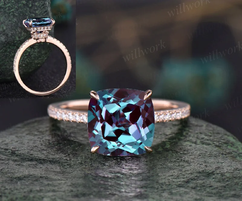 Vintage 8mm cushion cut Alexandrite engagement ring for women rose gold under halo half eternity diamond ring jewelry unique promise ring