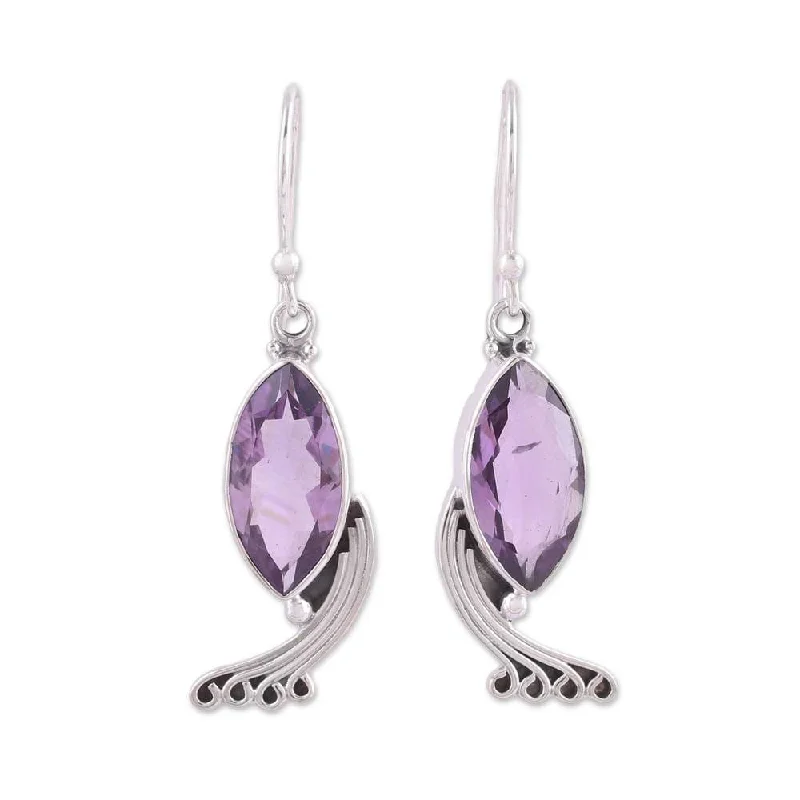 Handmade Sterling Silver 'Peacock Grandeur' Amethyst Earrings (India) - 1.7*0.4