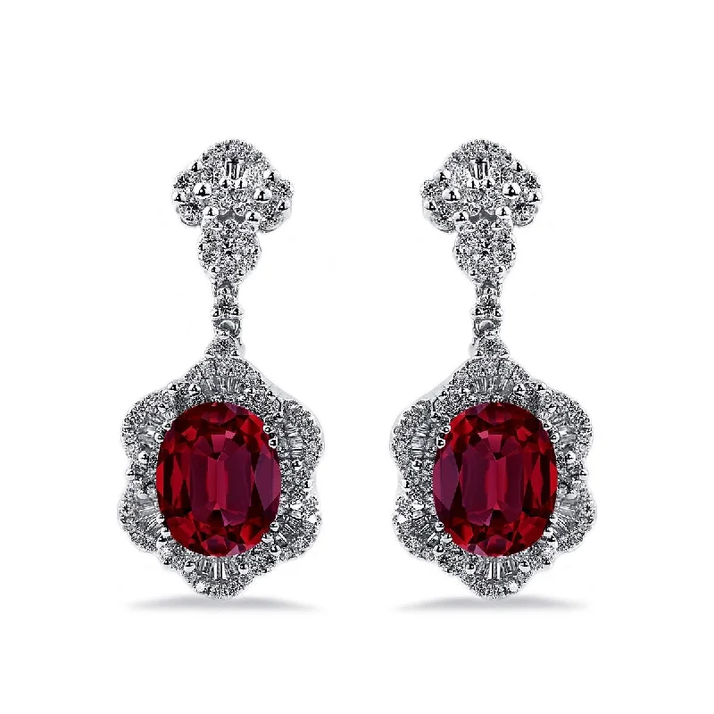 Auriya 5 3/4ct Fancy Oval-cut Red Ruby Halo Diamond Drop Earrings 1 7/8ctw 18k Gold