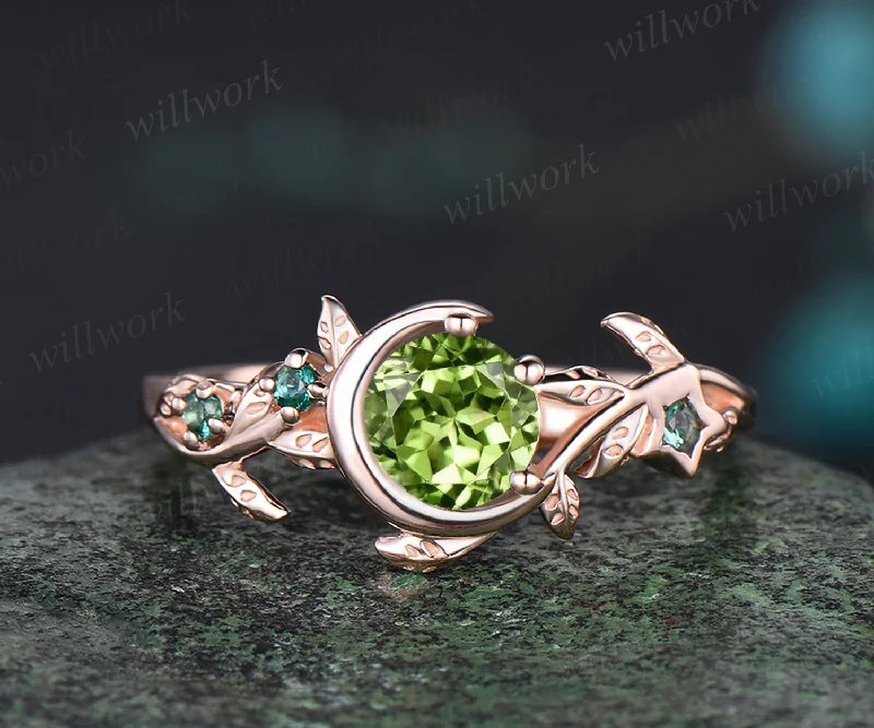 Vintage August Birthstone Round Cut Natural Peridot Engagement Ring 14k Rose Gold Emerald Moon Star Leaf Nature Inspired Bridal Ring Promise Gift