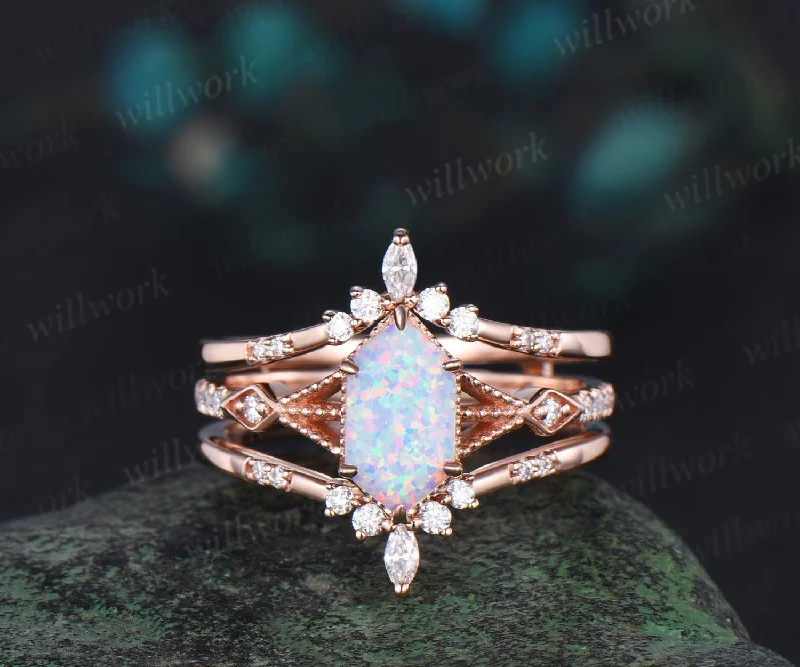 Long hexangon cut white opal engagement ring set rose gold vintage unique moissanite wedding band enhancer bridal set women