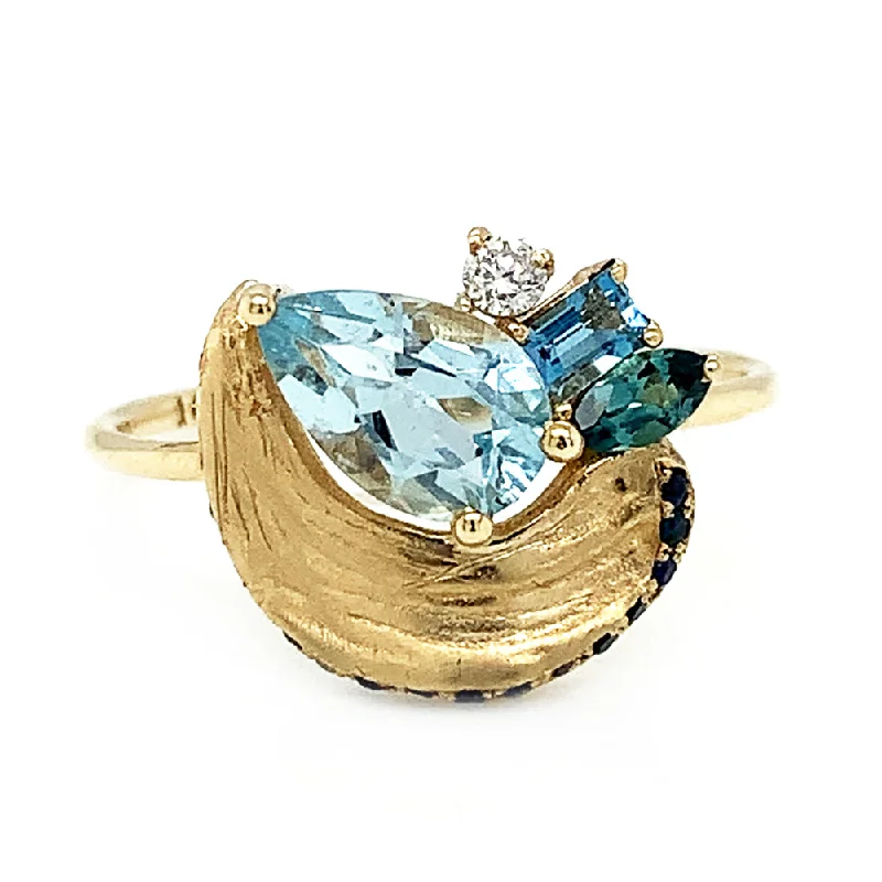 Aquamarine, Sapphire, Blue Topaz, Tourmaline & Diamond Ring - "Impasto Lagoon"