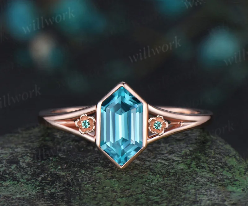 Vintage Long hexagon cut Paraiba engagement ring rose gold bezel split shank three stone floral emerald wedding anniversary ring women